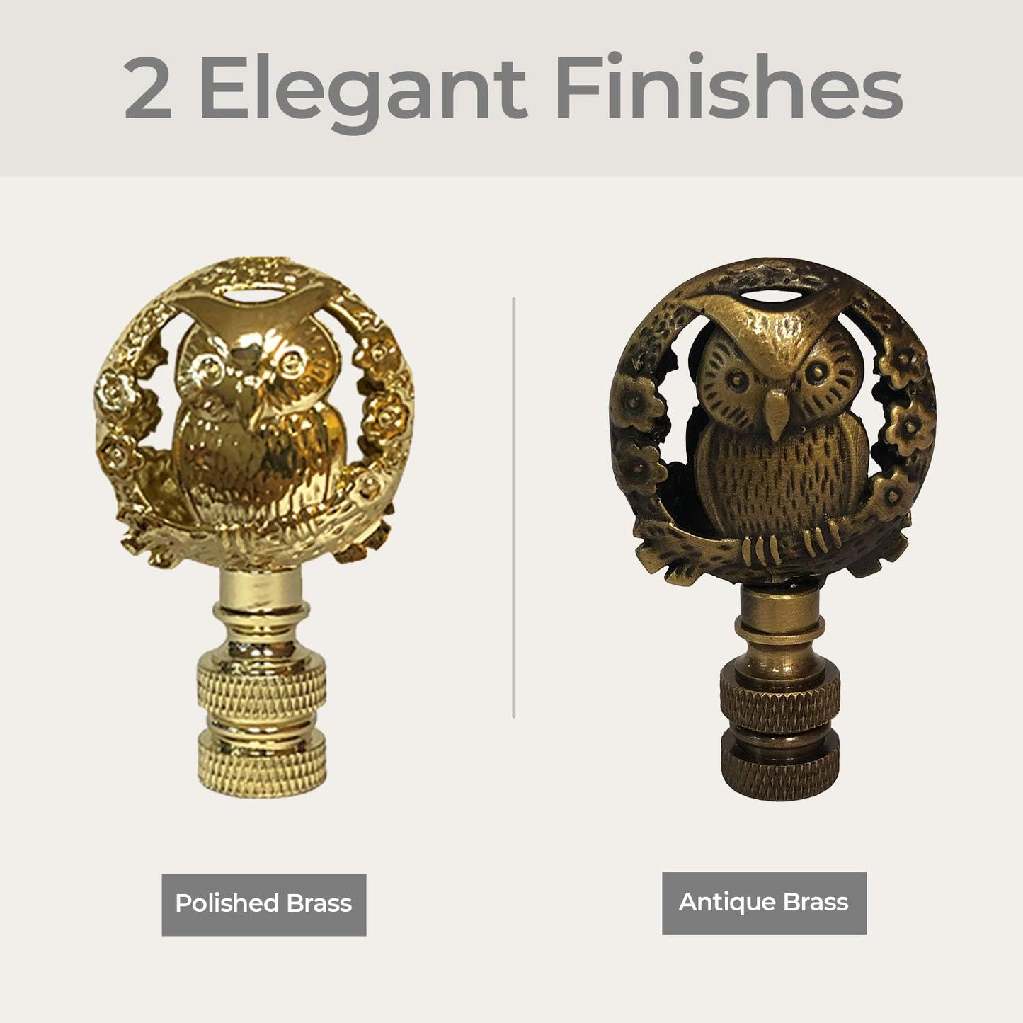Royal Designs Decorative Botanical Owl Lamp Finial for Lamp Shade, Antique Brass - Pack of 2