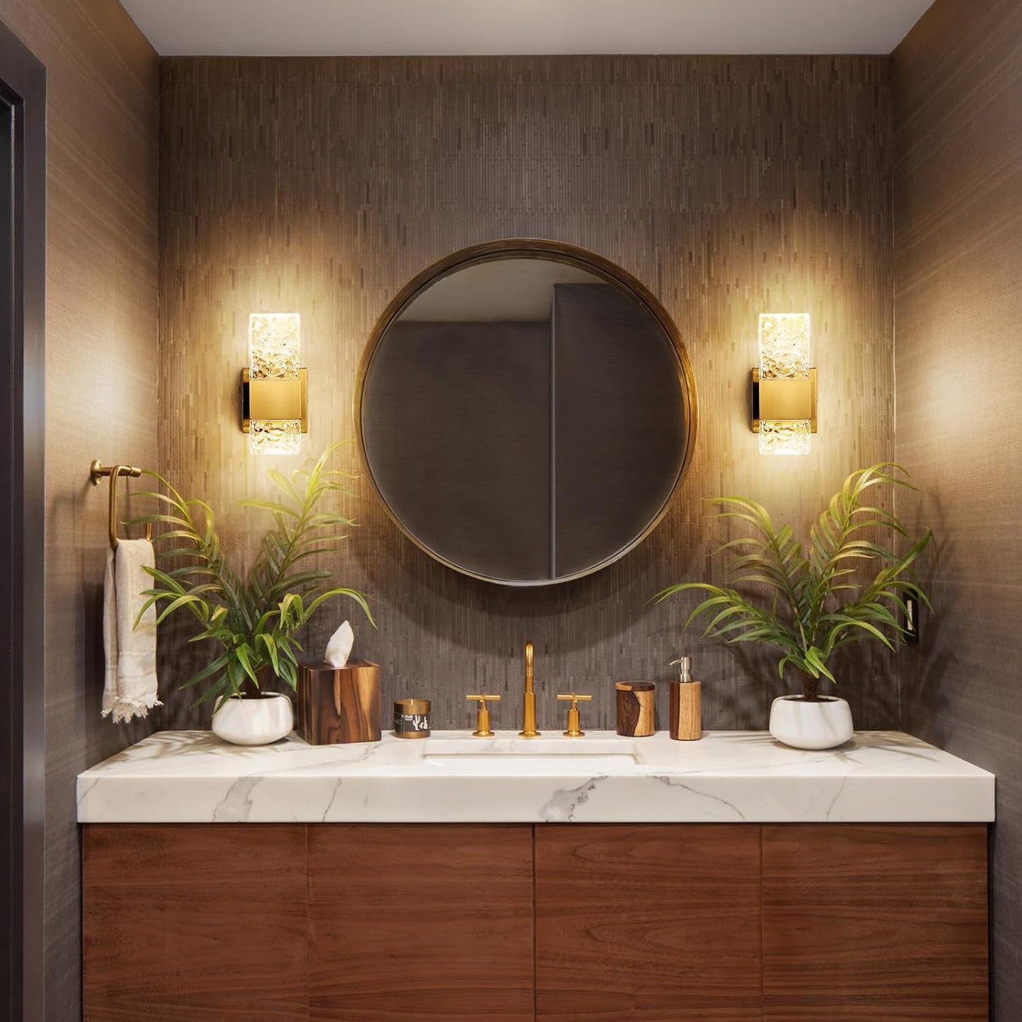 Epinl Gold Sconces Wall Lighting - Crystal Wall Sconces Set of Two Modern Bathroom Vanity Light Fixtures Hardwire Modern 4000K Dimmable LED Wall Mounted Sconces for Hallway Living Room