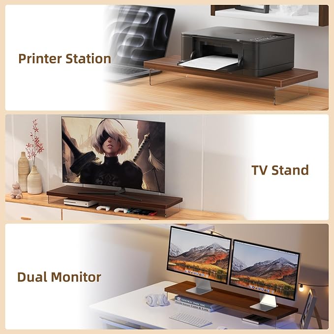 SSWOOD Dual Monitor Stand Riser, Wooden Desktop Organizer Shelf - Image 6