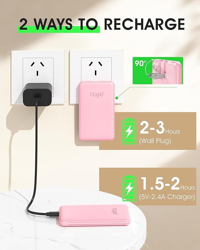 TG90° 2 Pack 5000mAh Portable Charger, Mini Power Bank Built-in Foldable AC - Image 6