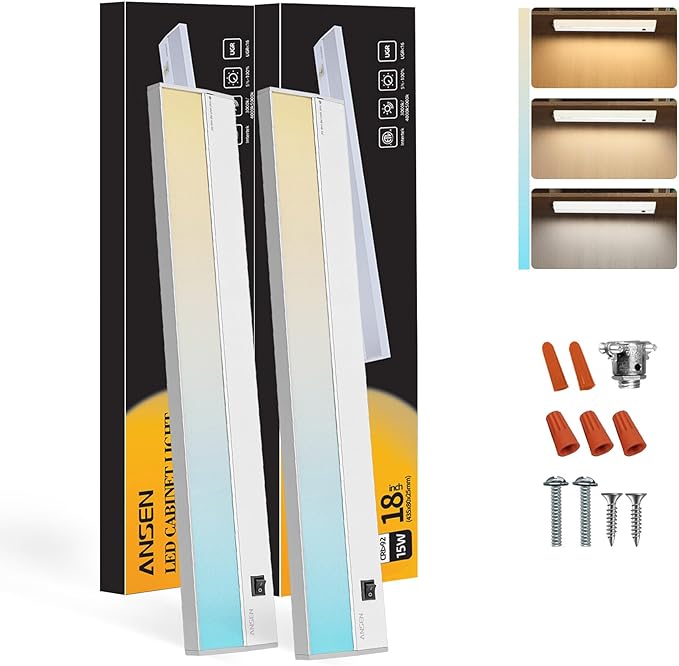 Ansen 2Packs of Under Cabinet Lighting Hardwired, 18in 15W 998LM Dimmable Led by ANSEN