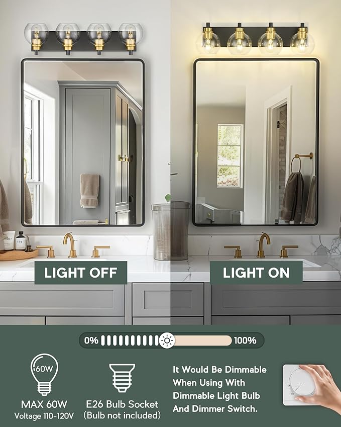 METWET Bathroom Light Fixtures, 4-Light Black and Gold Bathroom Vanity Light - Image 6