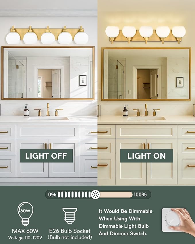 METWET Bathroom Light Fixtures, 5-Light Brushed Gold Bathroom Vanity Lights - Image 5