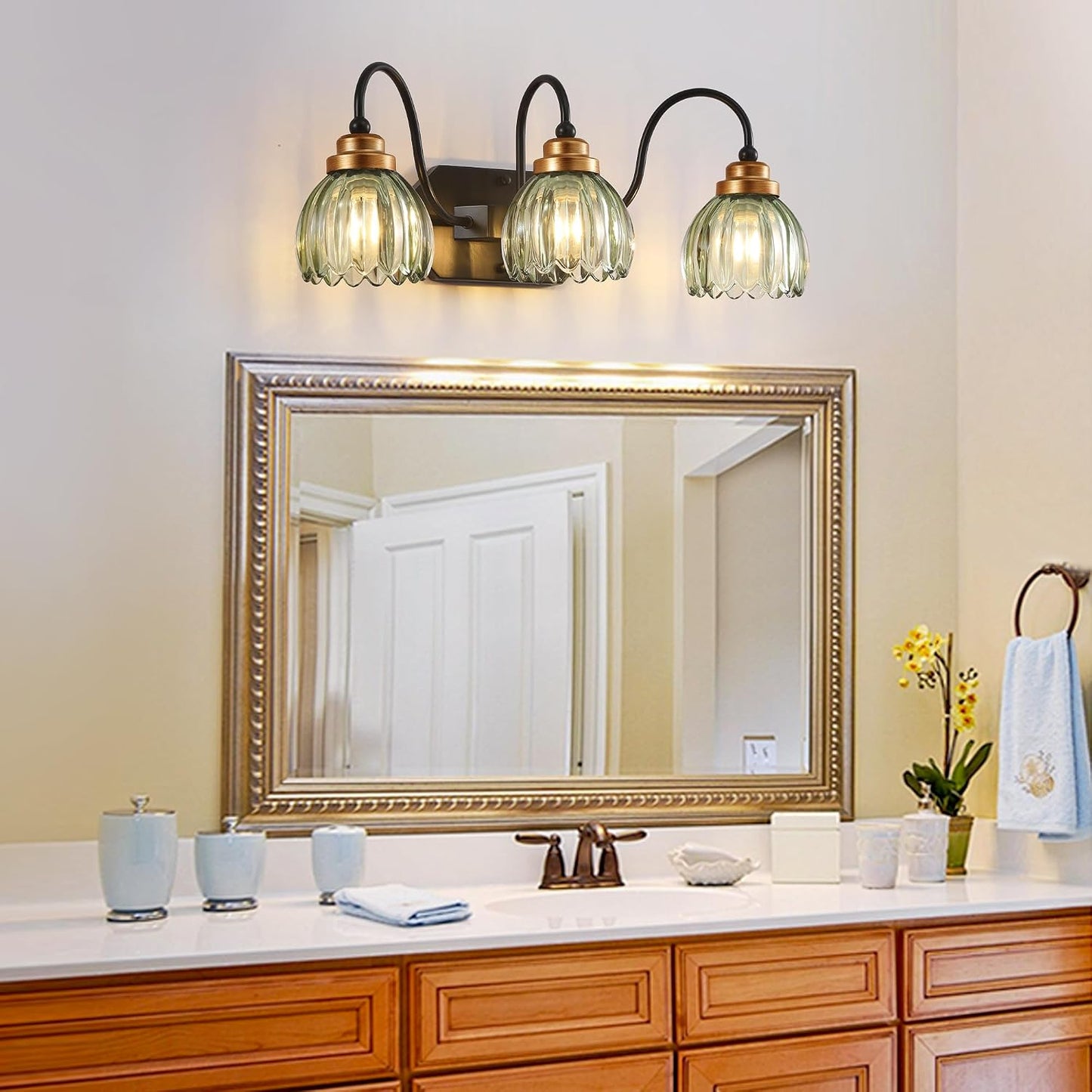 Vintage Gold Bathroom Light Fixtures,3 Light Green Tulip Crystal | Brushed Gold Vanity Lights,Matte Antique Brass Finish, Mid Century Style,Wall Sconces for Bedroom,Hallway,Easy to Install