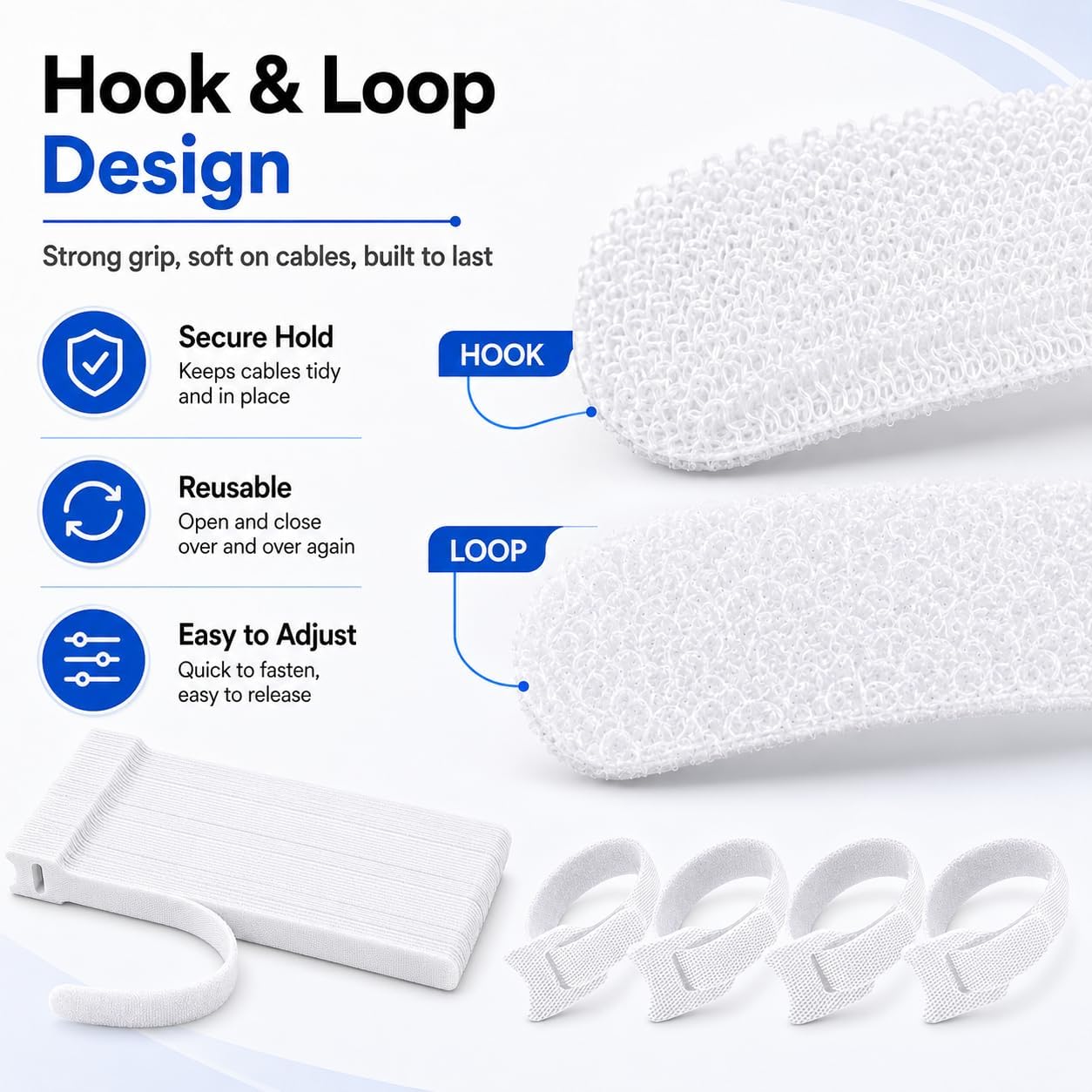 80pcs 8 Inch Cable Ties Reusable White Hook and Loop Cord Ties for Cable Management Adjustable Cord Organizer Straps for Electronics