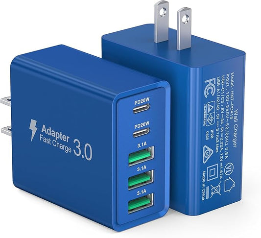 USB C Wall Charger, 60W USB C Charger Block 2-Pack 5-Port PD Fast Charging by Dulums