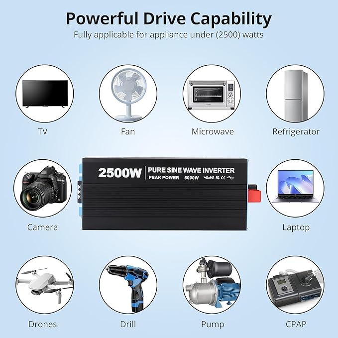 2500W Pure Sine Wave Inverter, 1 USB Port 5v/3.4a, LCD Display&Remote Controller - Image 6