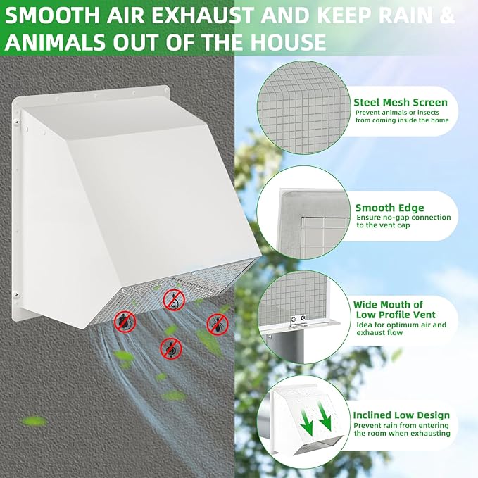 7Inch Hooded Wall Vent with Screen and Damper, Galvanized Steel Exhaust Vent - Image 3