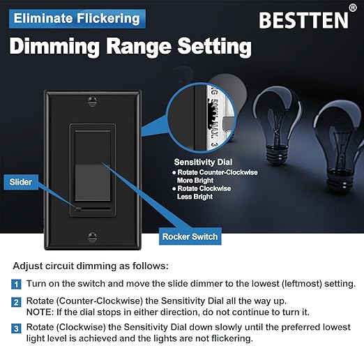 BESTTEN 2 Pack Dimmer Wall Light Switch, Single Pole or 3-Way LED Slide Dimmer - Image 5