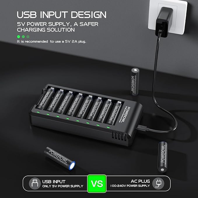 POWEROWL 8 Bay AA AAA Battery Charger, USB High-Speed Charging, Independent Slot - Image 5