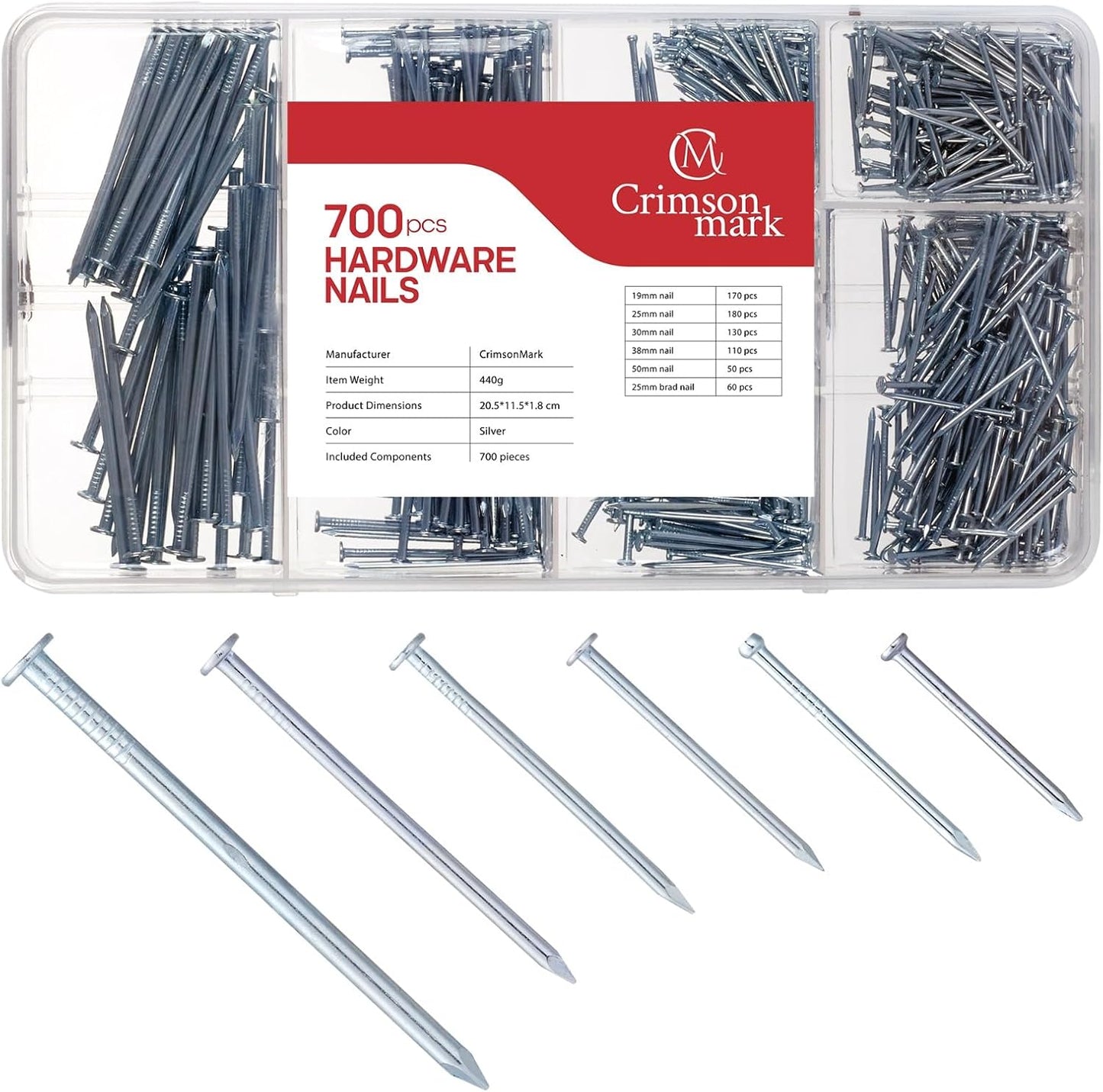 Nails Assortment Kit - 700 PCS Galvanized Steel Nails for Wall | Hanging Pictures & Wall Art Decor, Organizer Box with 6 Sizes: 3/4", 1", 1-1/4", 1-1/2", 2" & Finish Nails.