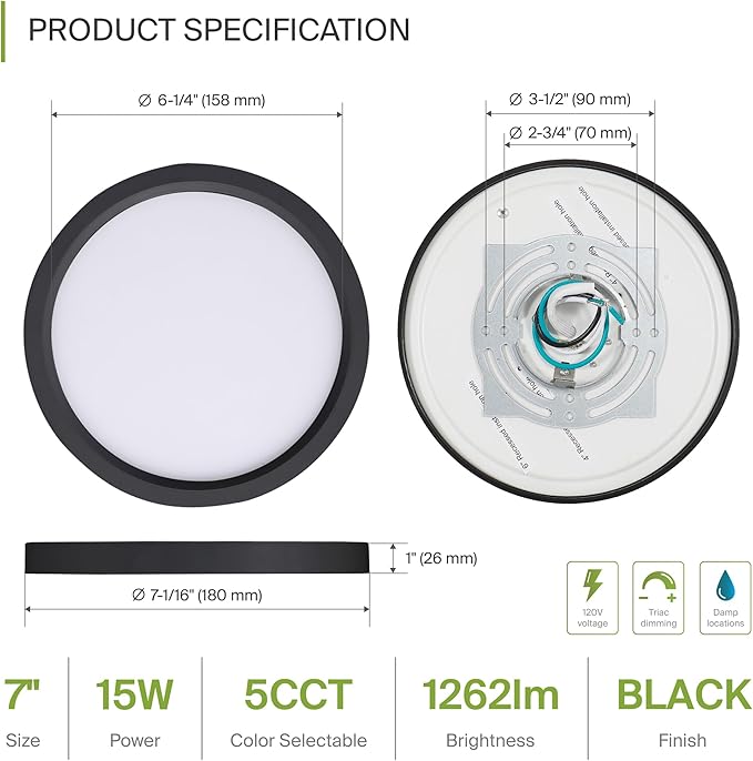 ASD LED 7" Round Flush Mount Ceiling Light Fixture, Low Profile Surface - Image 2
