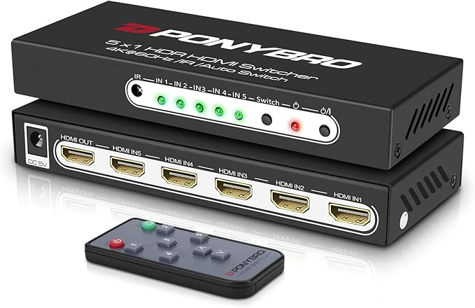 PONYBRO HDMI 2.0 Switch 5 Port 4K@60Hz Auto-Switching – 5 in 1 Out by PONYBRO