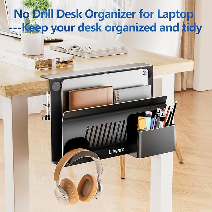 Litwaro Desk Side Storage Organizer, No Drill Laptop Holder Clamp on Desk Shelf - Image 6