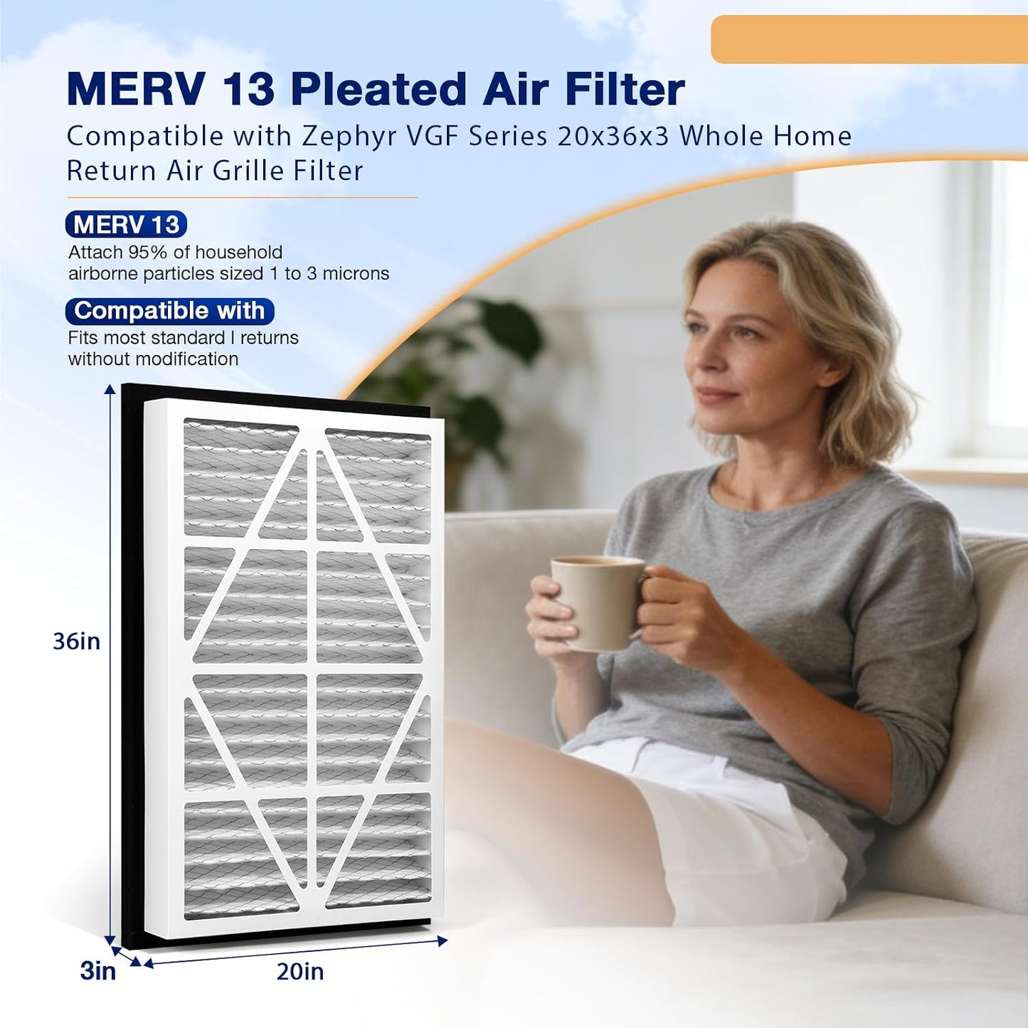 2Pack 20x36x3 MERV13 air Filter Replacement | Compatible With Zephyr VGF Series 20''x36''x3'' Whole House Return Grille Pleated Filter