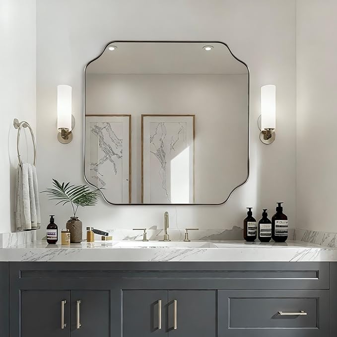 ANDY STAR 30"x30" Chrome Square Mirror, Polished Nickel Scalloped Bathroom by ANDYSTAR