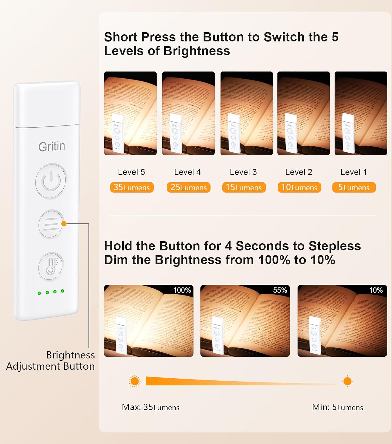 Gritin Book Light Rechargeable, Clip on LED Reading Light for Books in Bed | Eye Caring 3-Color & 5-Brightness, Stepless Dimming, Long Lasting, Compact Size Flexible Book Lamp for Bookworms