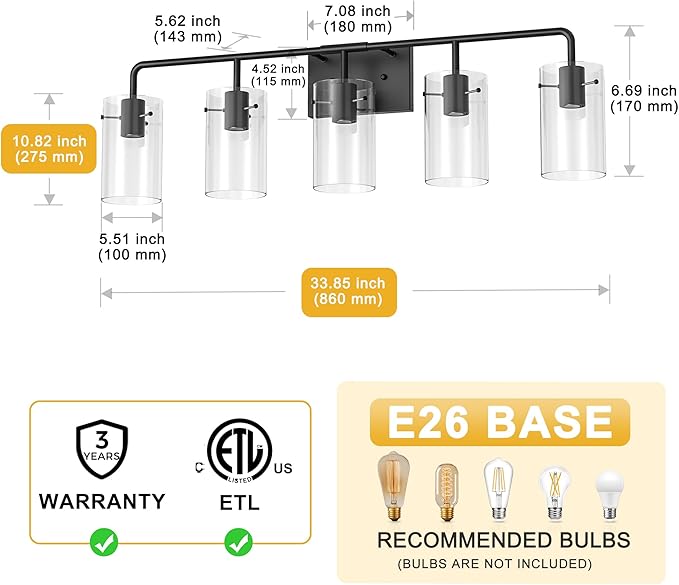 L LOHAS LED 5-Light Bathroom Light Fixtures, 33.85" Black Bathroom Vanity Light - Image 5