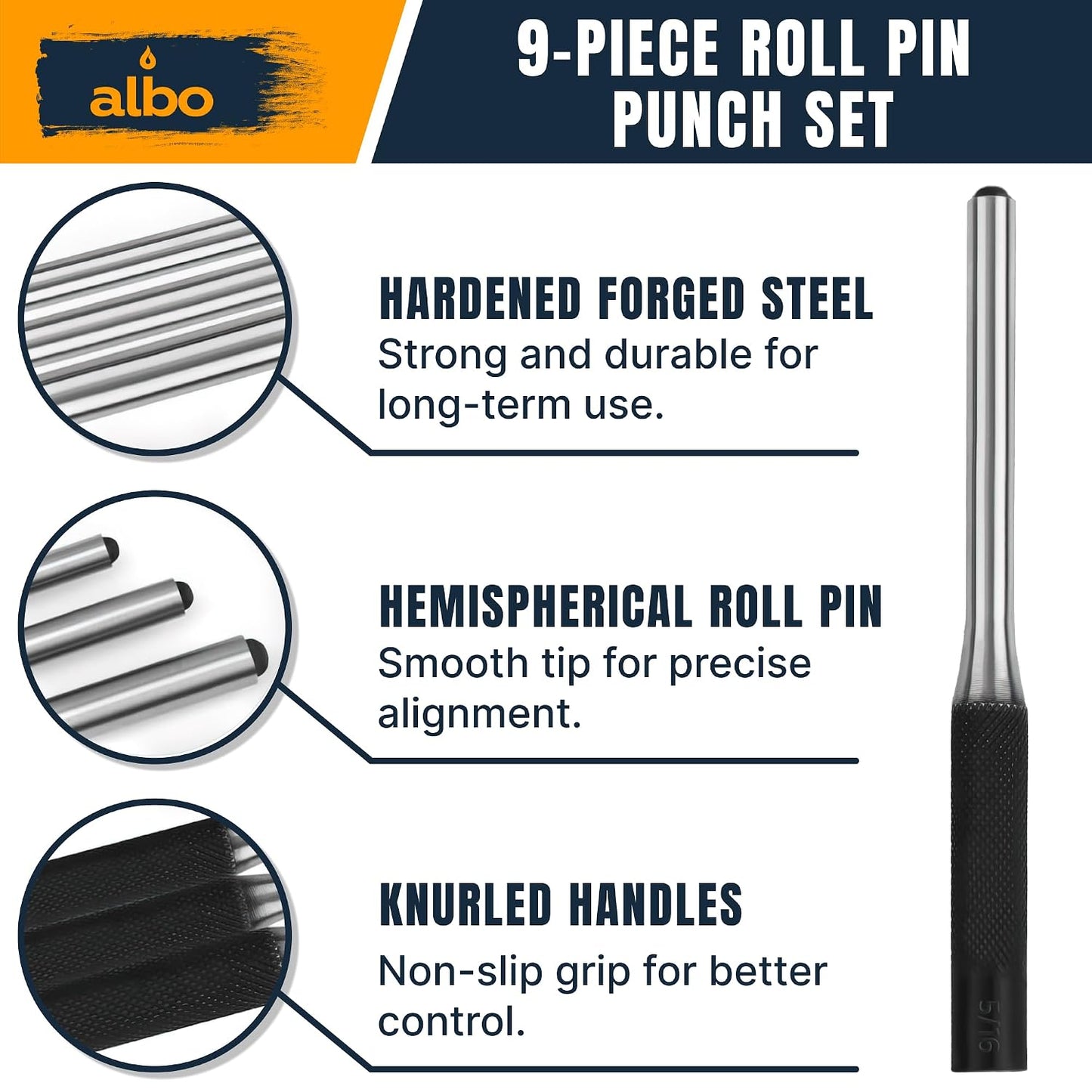 ALBO Roll Pin Punch Set, 9-Piece SAE 1/16–5/16 in, Chrome Vanadium Steel, Heat-Treated Pin Punch Kit with Knurled Handles, Roll-Up Storage Pouch, for Automotive & Small Machinery