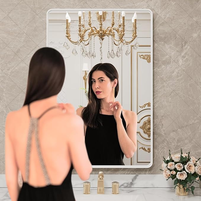 LOAAO 28x36 Inch White Metal Framed Bathroom Mirror - Image 2