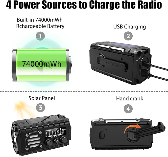 20000mah Hand Crank Emergency Radio, SW/NOAA/AM/FM Weather Radio, Solar Powered - Image 7