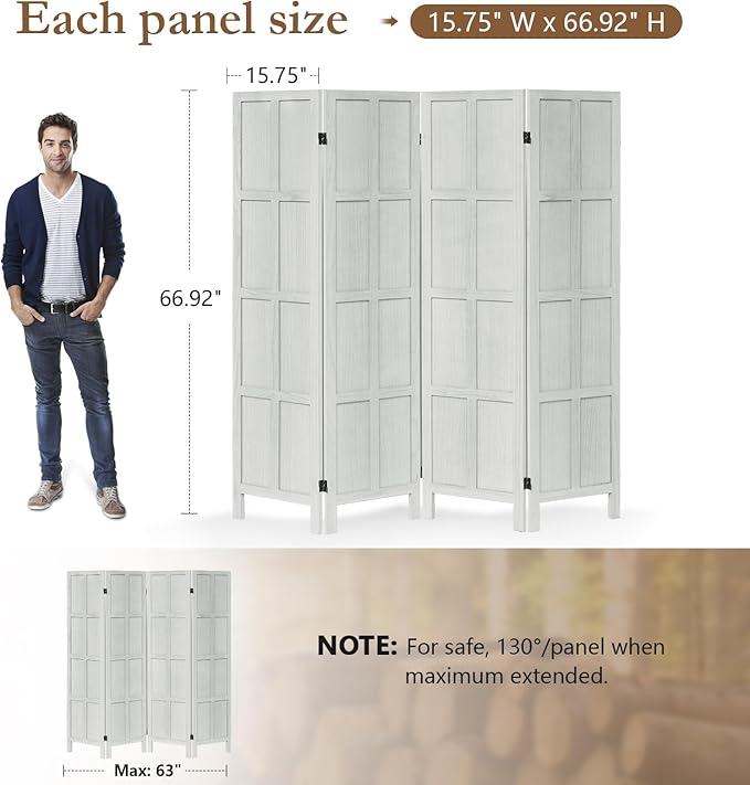 ALeesing 4 Panel Room Divider, 5.6Ft Wood Room Dividers and Folding Privacy - Image 2