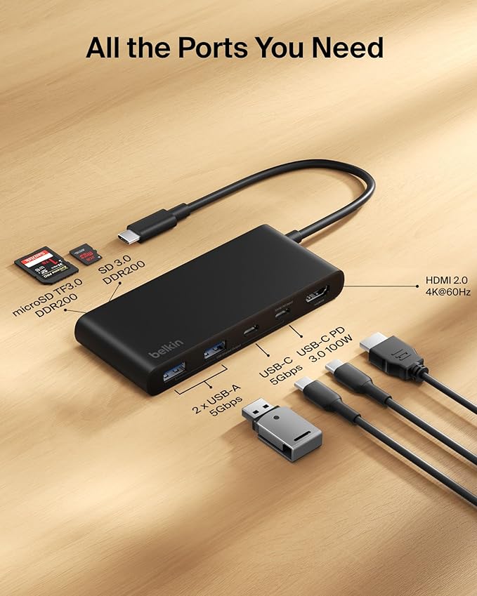 Belkin USB C Hub, 7-Port Hub w/ 4K HDMI Display @ 60Hz, SD & MicroSD, 100W - Image 3