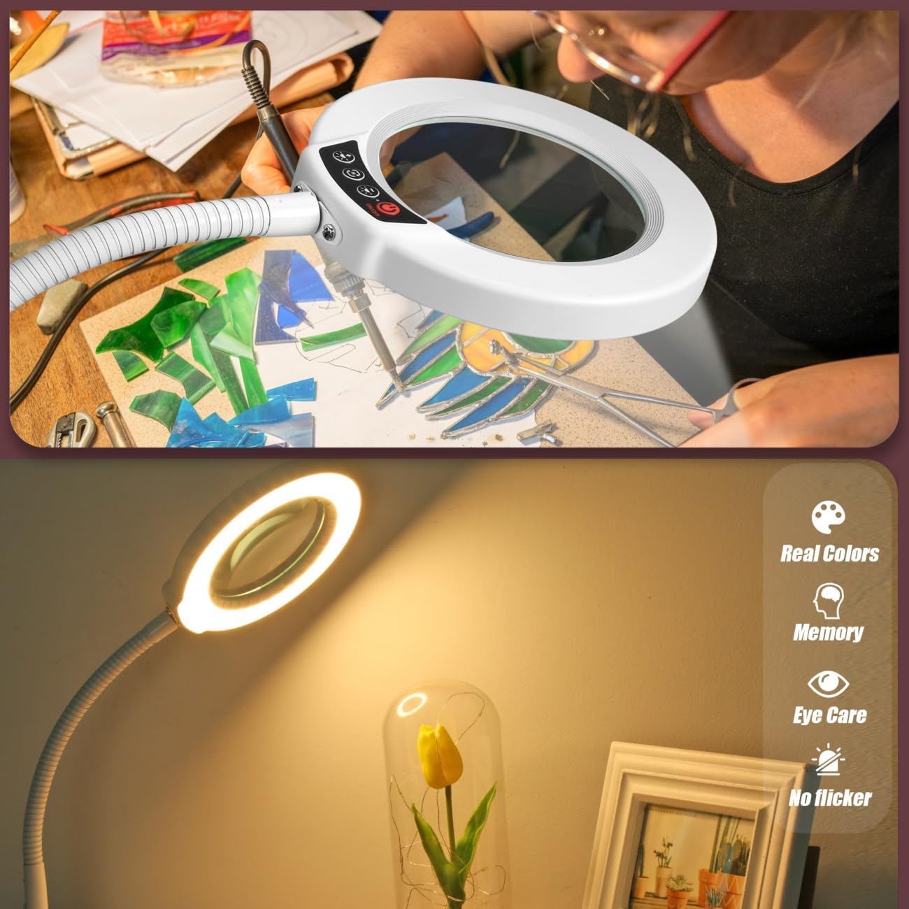 10X Magnifying Glass with Light and Stand, 16.5in Flexible Goose-Neck, 5 Color Modes Stepless Dimmable LED Lighted Desk Lamp, Hands Free Magnifier for Crafting Hobby Painting Close Work - White