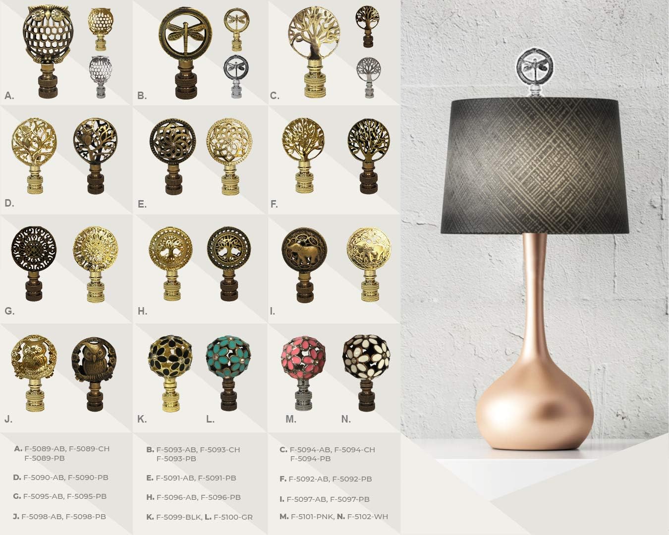 Royal Designs Decorative Botanical Owl Lamp Finial for Lamp Shade, Antique Brass - Pack of 2