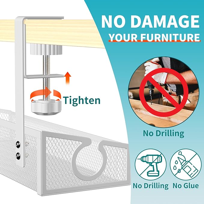 Under Desk Cable Management Tray White, No Drill Desk Cable Management Organizer - Image 2