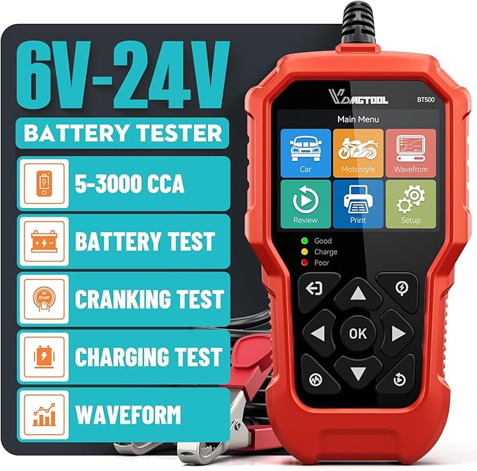Car Battery Tester 6V 12V 24V VDIAGTOOL BT500, 5-3000 CCA Battery Load Tester by VDIAGTOOL
