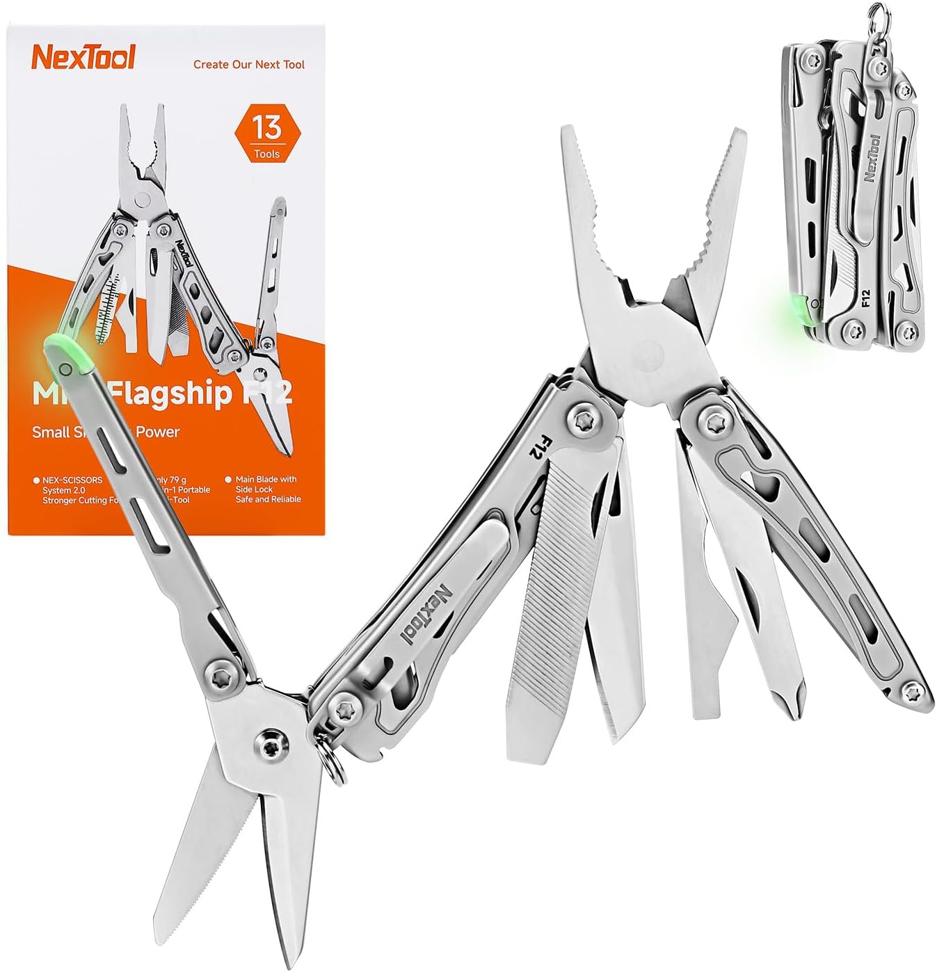 NexTool Mini Flagship F12 Keychain Multitool, Fifth Pocket Tools (Silver) | 15-in-1 Multi Tool, 80Cr14Mov Steel, Serrated Scissors, Thicken Pliers, Safety Lock Knife and File for EDC, Outdoor, DIY