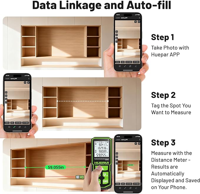 Laser Measuing Tool with Bluetooth APP, ±1/16" High Accuracy, Huepar - Image 3