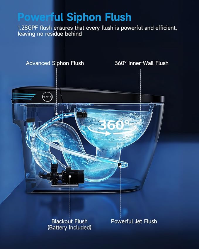 WANSID Black Smart Toilet with Bidet Built In, Auto Open/Close Lid, Heated Seat - Image 5