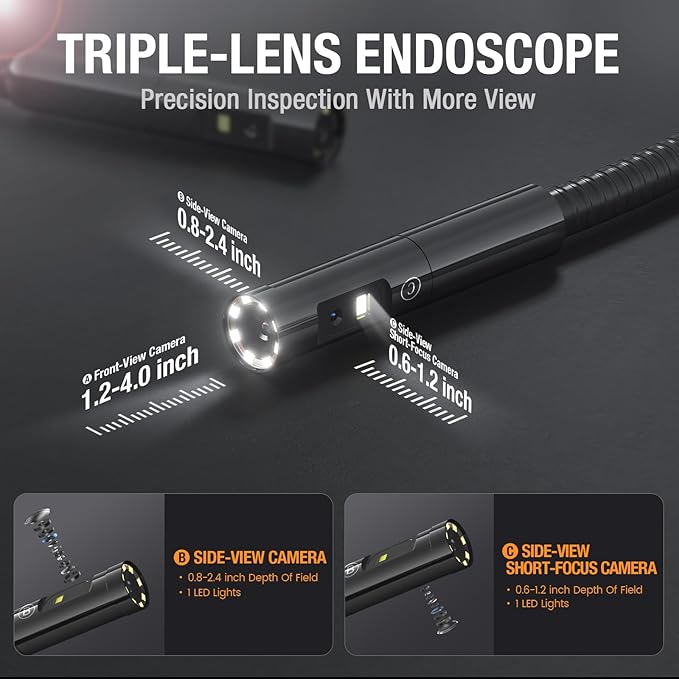 Triple Lens Borescope with 7" IPS Screen, Teslong 1080P HD Industrial Endoscope - Image 3
