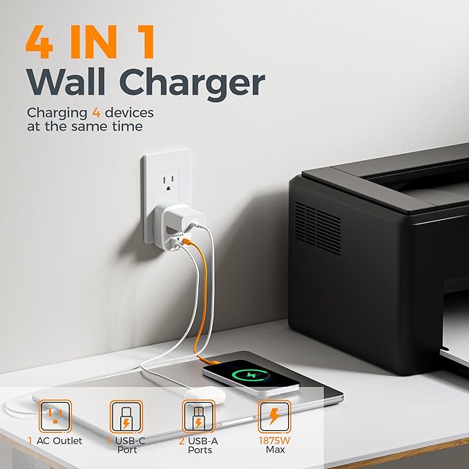 Wall Charger Block, 3 USB Charging Ports and 1 AC Outlet Splitter, TESSAN 1875W - Image 3