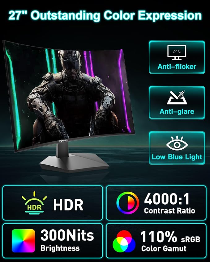 SANSUI 27 Inch Curved 160Hz Gaming Monitor, 1500R Curved Computer Gaming - Image 7