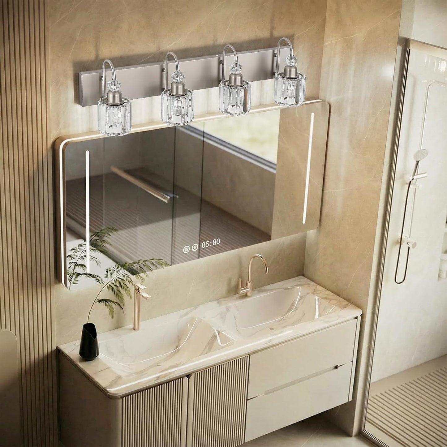 Ralbay 4-Light Crystal Vanity Light for Bathroom Brushed Nickel Modern Bathroom Light Fixtures
