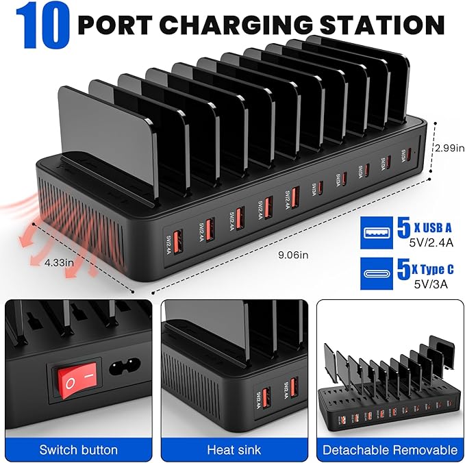 RISWOJOR Charging Station for Multiple Devices, 100W 10 Ports Charging Dock - Image 3