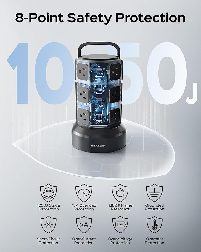 Power Strip Tower Surge Protector, JACKYLED 12 Outlets 6 USB Charging Station - Image 7