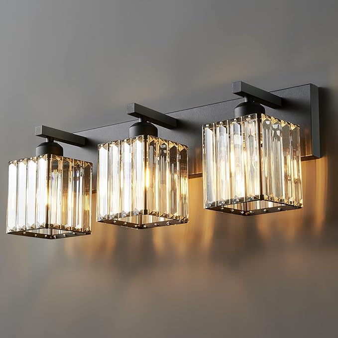 FDPBY Modern Bathroom Vanity Light 3-Lights Modern Black Crystal Wall Light by FDPBY