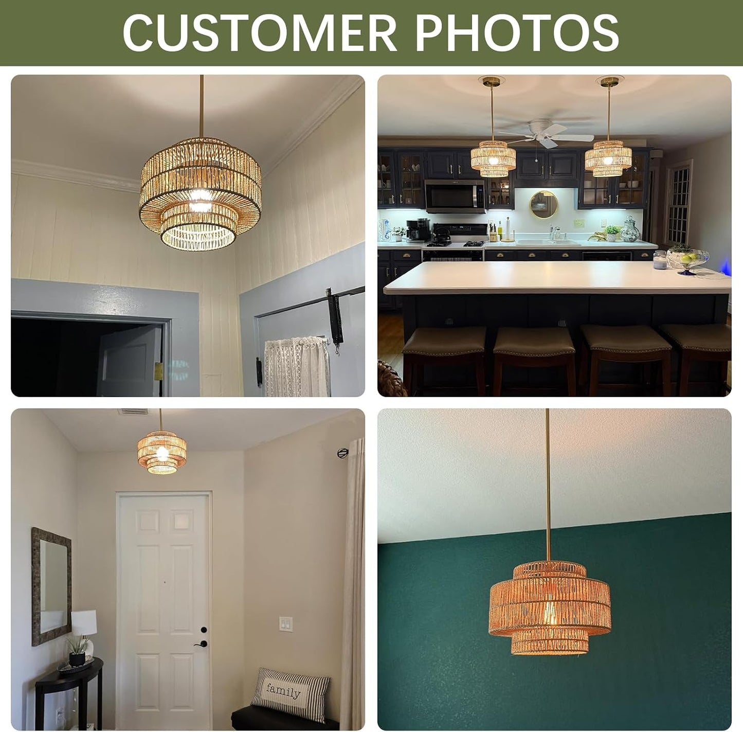 12.4" Rattan Pendant Light for Kitchen Island, Boho Chandelier | 1-Light, Hand Woven, No Assembly, Gold Hardware, Farmhouse Coastal Drum Wicker Light Fixture Dining Room Hallway Entryway