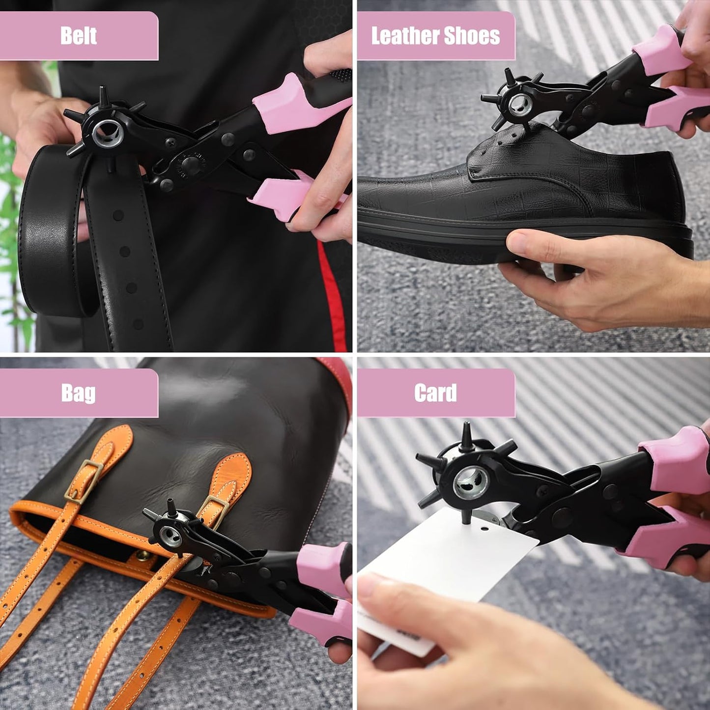Diyife Leather Hole Puncher, Revolving Punch Plier, 6 Size Adjustment, Pink | Double-lever Design, More Labor-saving, Ergonomic & Locking Handles, 3 Extra Punch Plates Included, for Belts, Leather