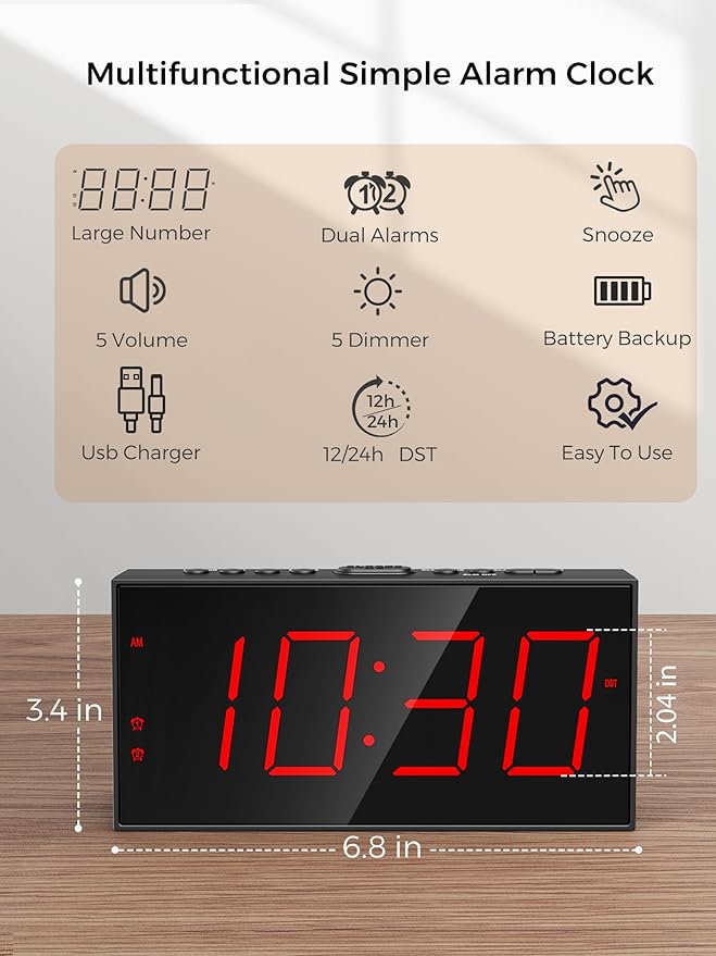 PPLEE Alarm Clock for Bedroom, Large Number Digital Clock - Image 2