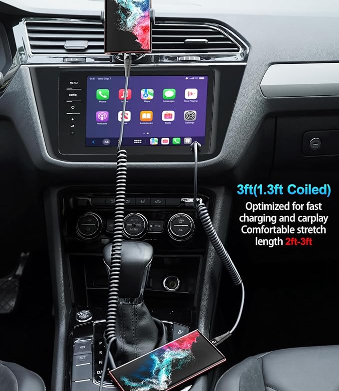 USB C to C Cable 3FT for Car, Coiled USB C Cable Fast Charging for iPhone 16 - Image 4