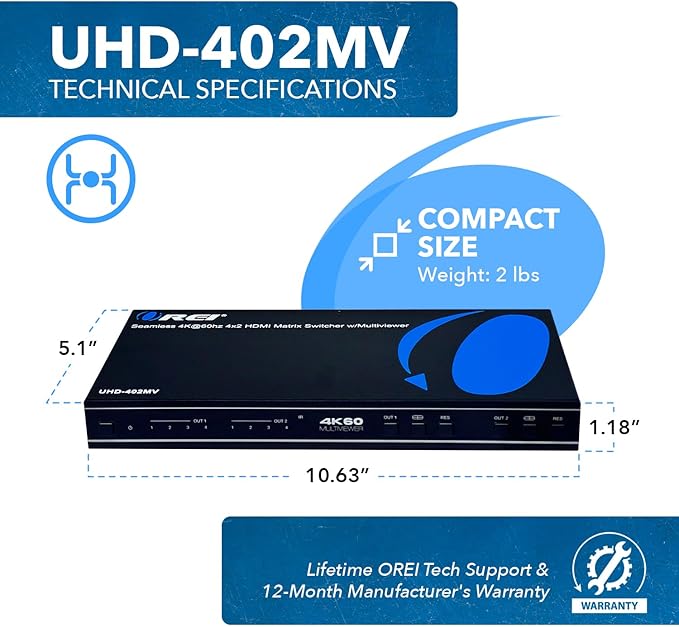 OREI 4K Multi HDMI Viewer Quad 4 in 2 Out, Matrix Switcher 4 Ports Seamless IR - Image 6