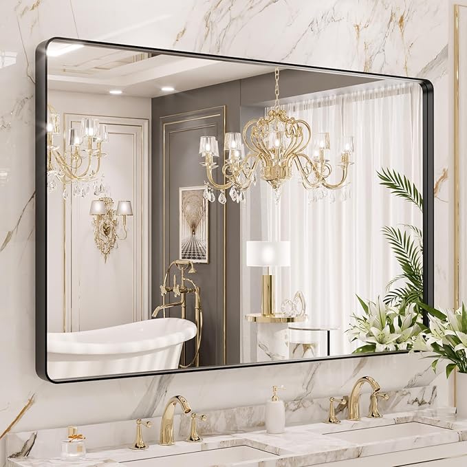 LOAAO 48X40 Inch Black Metal Framed Bathroom Mirror by LOAAO