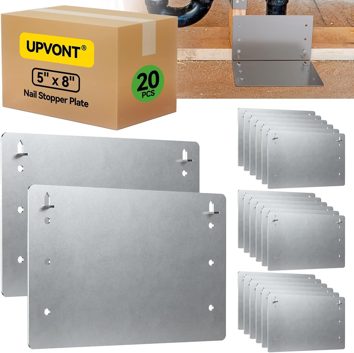 5" x 8" Nail Stopper Plate – 16 Gauge Self Nailing Stud Protector (20 PCS) – Galvanized 5 x 8 Nail Guard for Top and Bottom Plate & Drywall Protection – IBC & IRC Code Compliant (20)