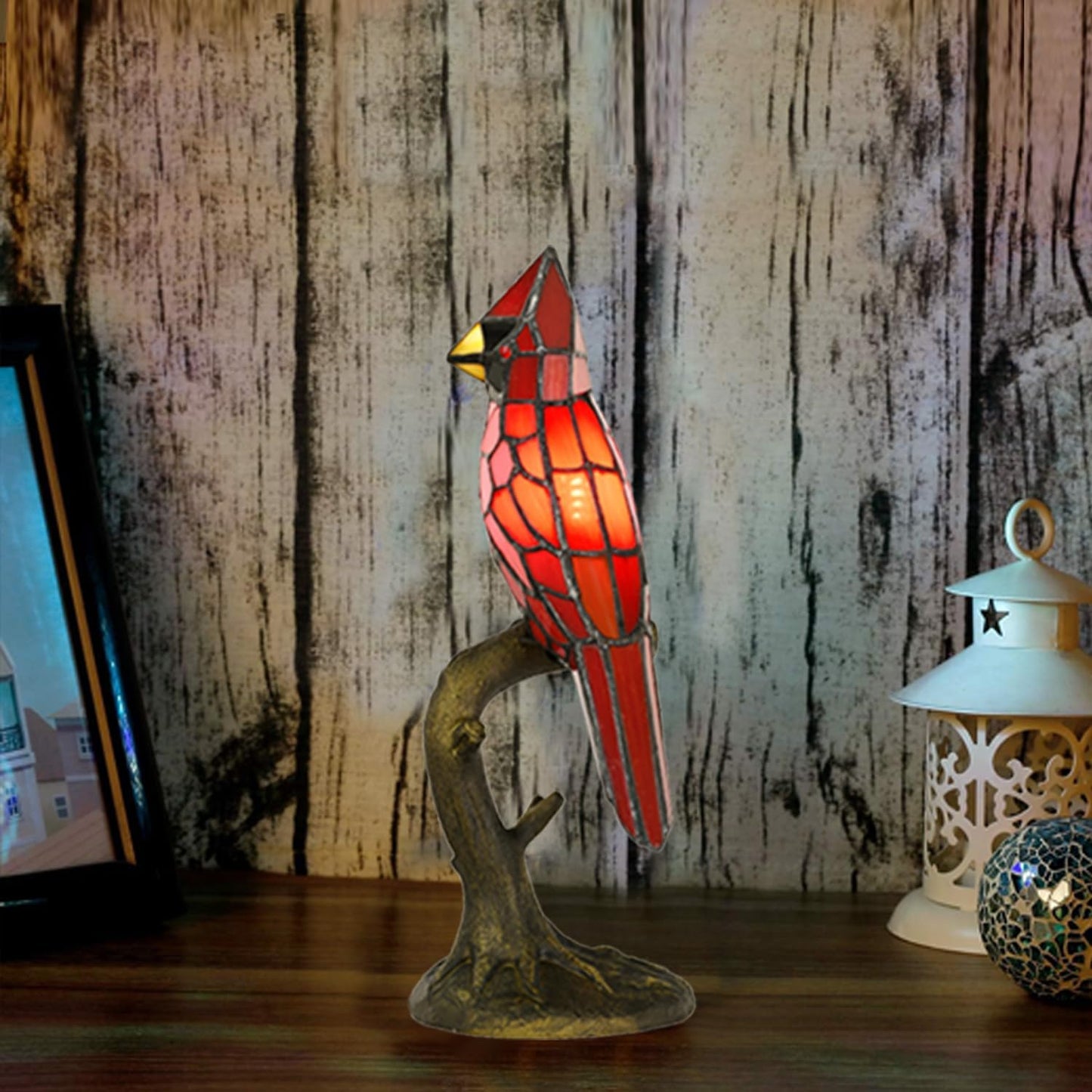 A0011 Cardinal Tiffany Style Table Lamp Handmade Stained Glass Red Bird Lamp in Height 14.5" Overall for Bedside Livingroom Bedroom Home, Memorial Gifts, LED Bulb Included (Red Cardinal)