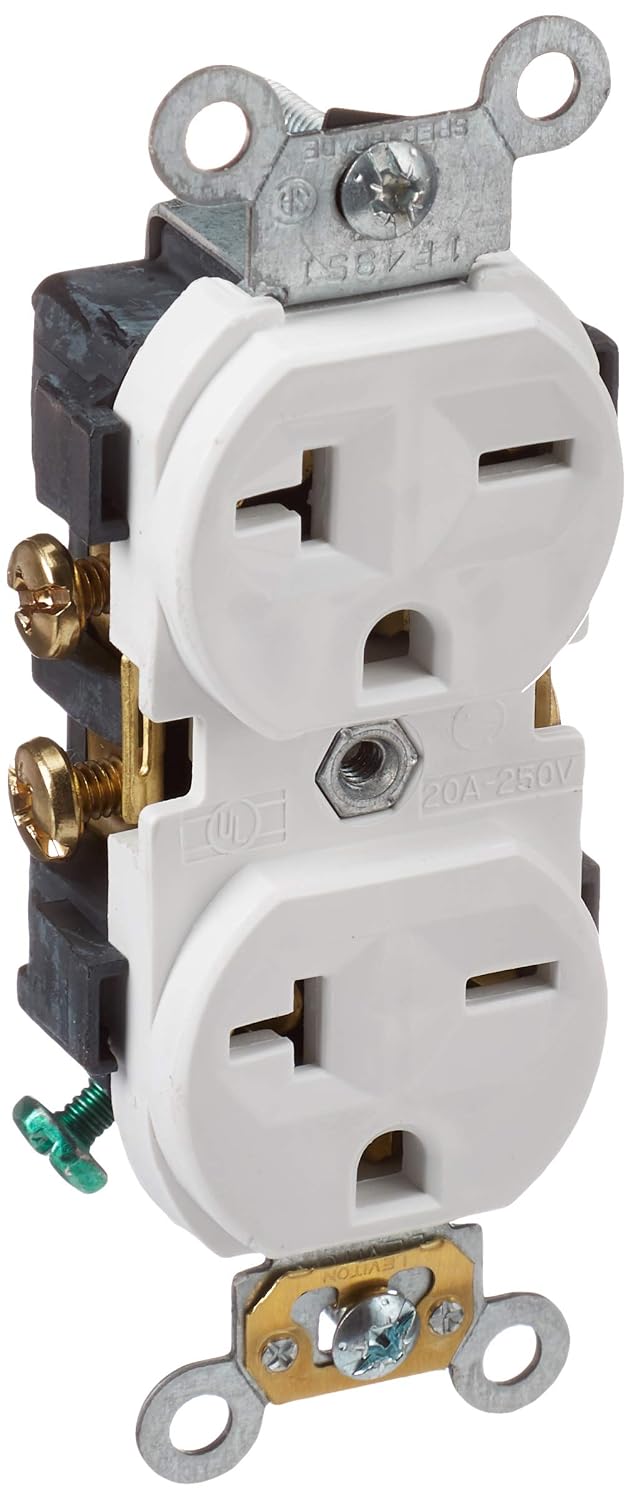 Leviton 5822-W Straight Blade Single Receptacle, 250 Vac, 20 A, 2 Pole, 3 Wire, White